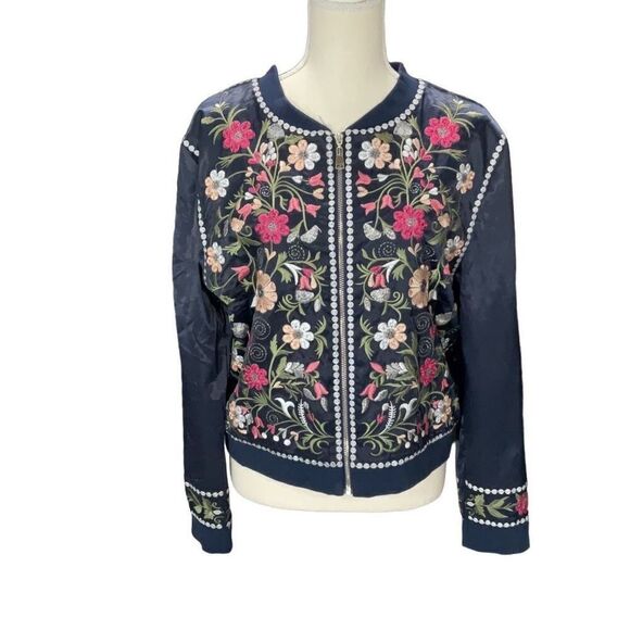 Navy Blue Floral Embroidered Long Sleeve Bomber Style Jacket Full Zip Sz Medium - Picture 1 of 9